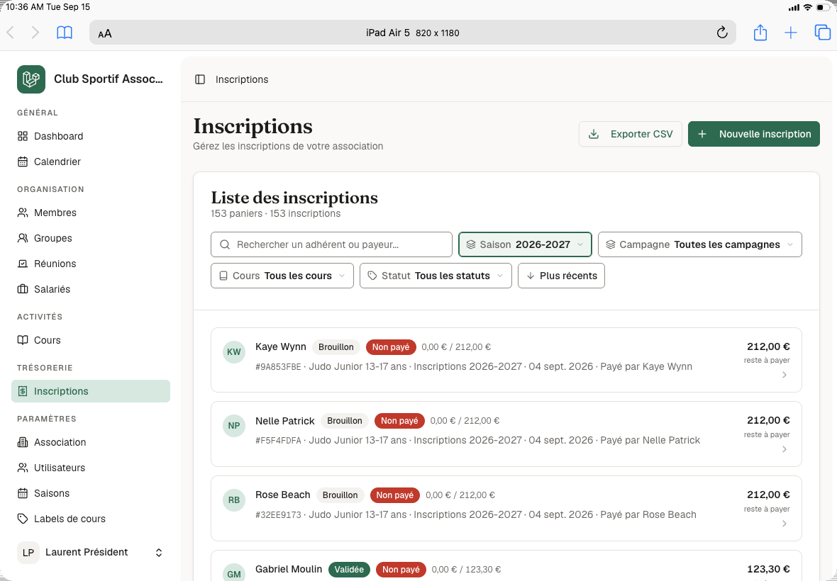 Formulaire d’inscription en ligne de Cohez.io : plusieurs membres inscrits dans un même panier.