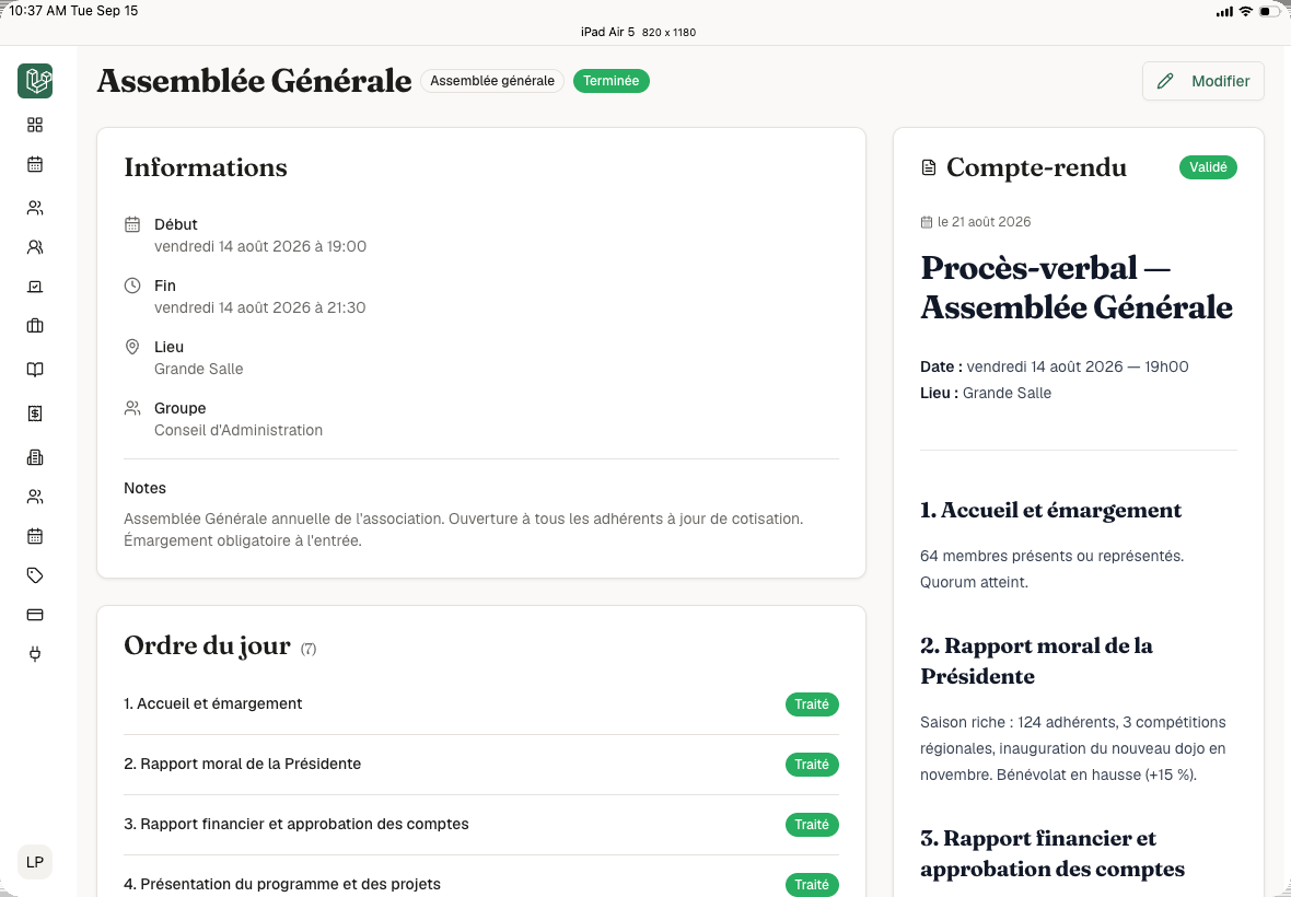 Page de réunion de Cohez.io : ordre du jour, participants et décisions prises.